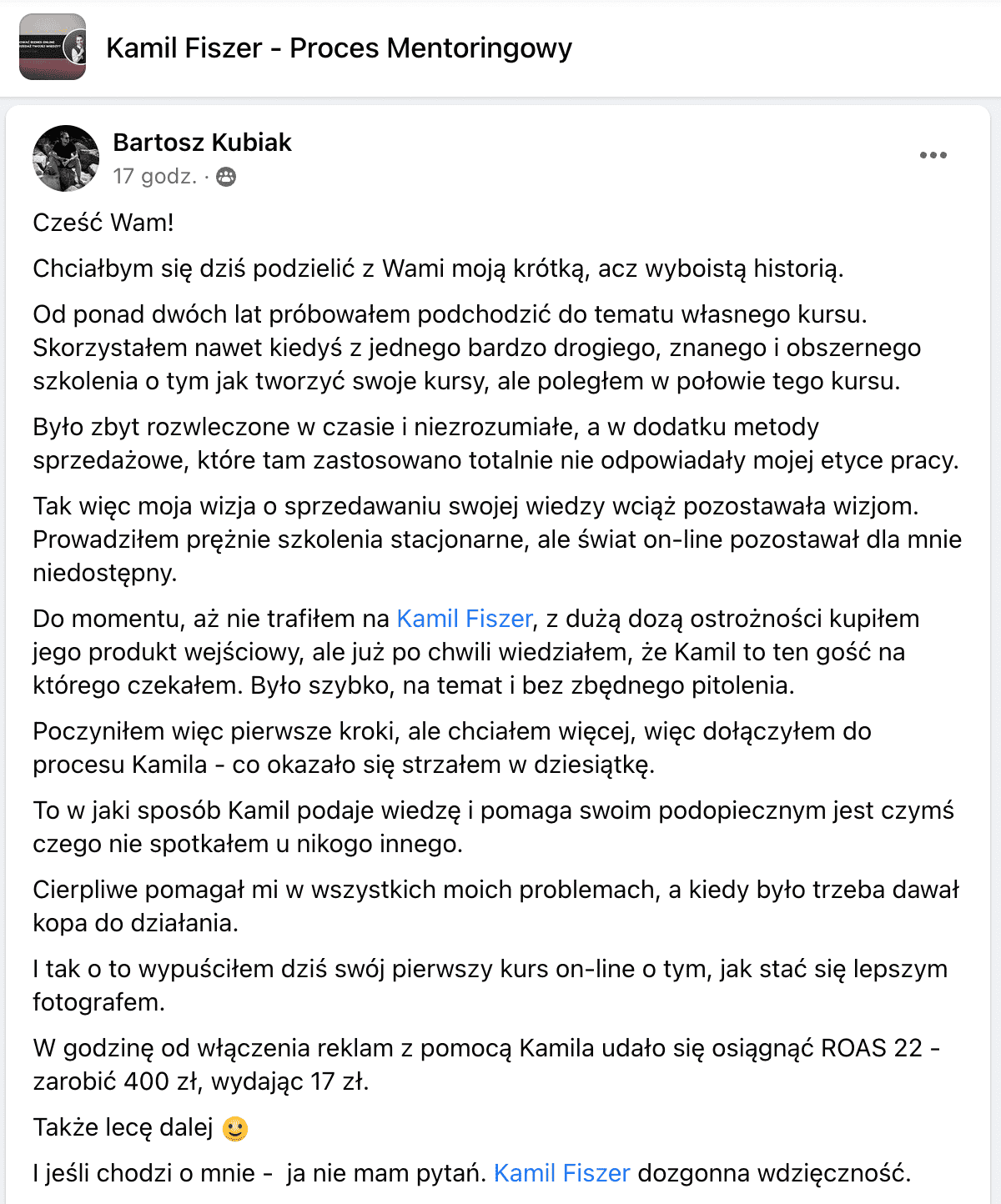 17 zł wydane na reklamę, 400 zł przychodu pierwszego dnia